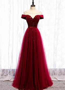Picture of Wine Red Color Tulle with Velvet Long Party Dresses, Wine Red Color Formal Dresses Prom Dresses